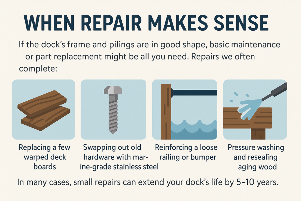 Dock repair infographic showing common maintenance tasks like replacing boards, hardware upgrades, reinforcing railings, and pressure washing