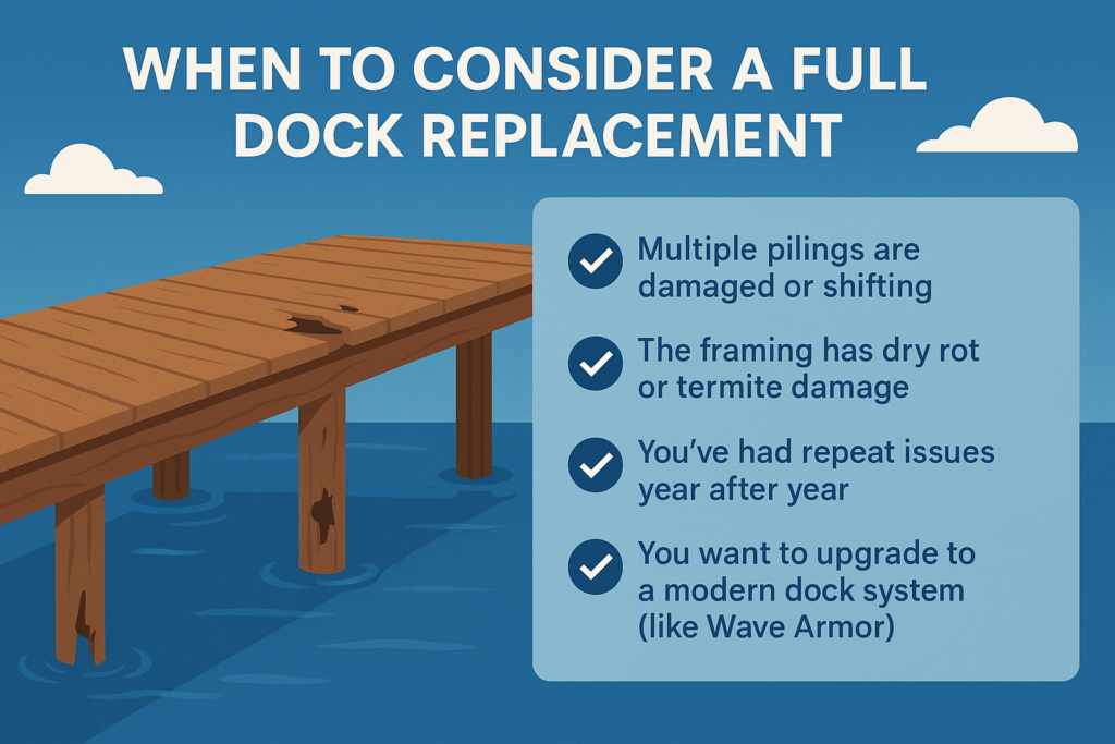 Checklist for when to replace a dock including damage to pilings, framing issues, repeated repairs, and upgrade goals.