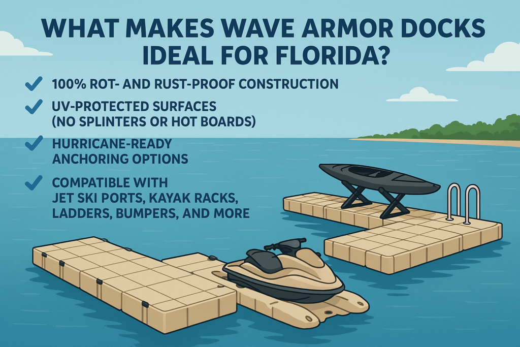 Floating Wave Armor dock system with Jet Ski port and kayak rack, highlighting features for Florida use
