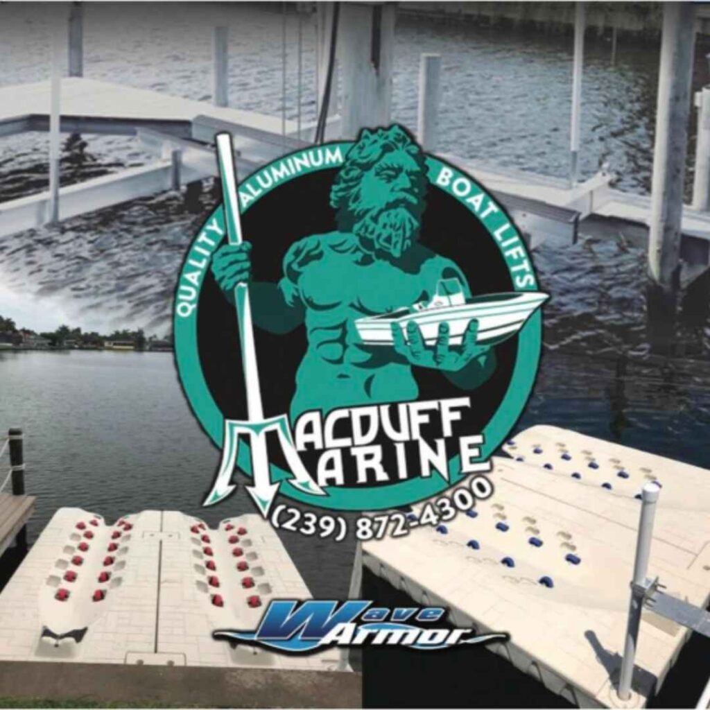 MacDuff Marine logo with Wave Armor PWC ports and aluminum boat lift in the background
