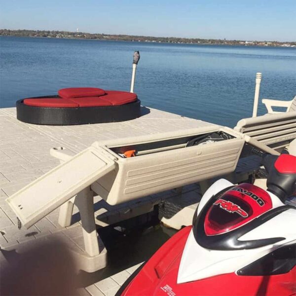 Open Dock Bench Box on dock near red personal watercraft