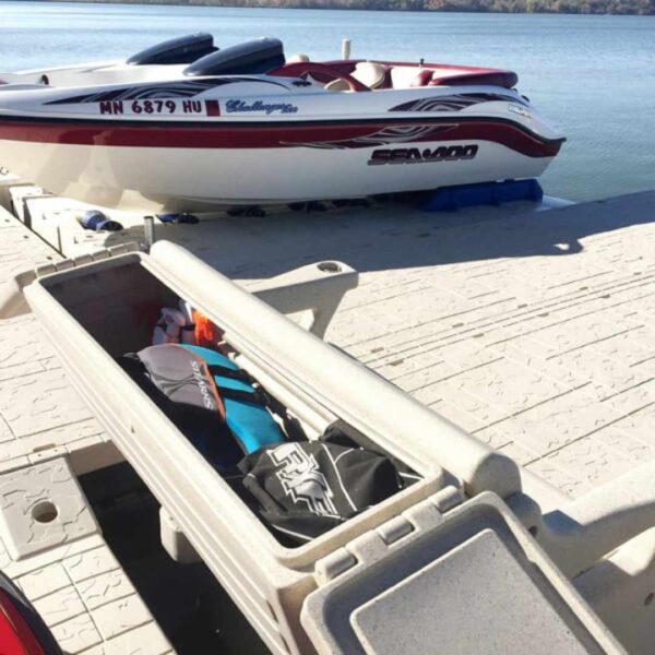 Open Dock Bench Box showing storage for life jackets and water gear