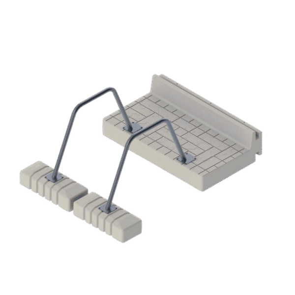 Double Kayak Assist Kit mounted to Wave Dock Step Down Section with two aluminum rails and floats