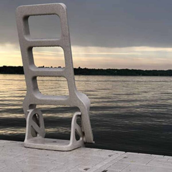 ave Armor Folding Dock Ladder folded up at sunset on a calm lake