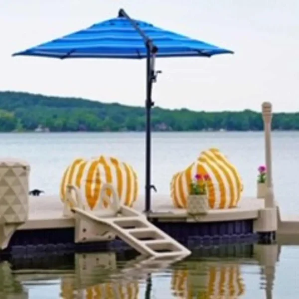 Wave Armor dock with mounted umbrella and yellow striped lounge seating