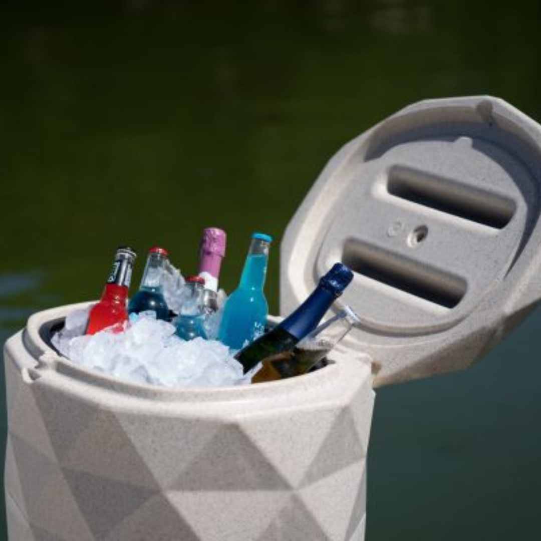 Wave Dock garbage can used as a cooler filled with bottled drinks and ice
