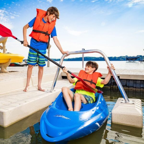 Two kids using the Wave Dock Kayak Assist Kit for safe kayak entry and exit