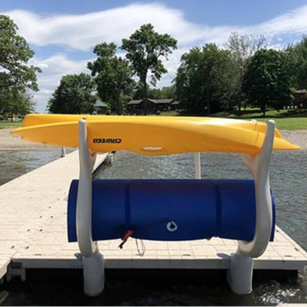 Wave Dock Kayak Rack storing a yellow canoe and blue plastic barrel on dock