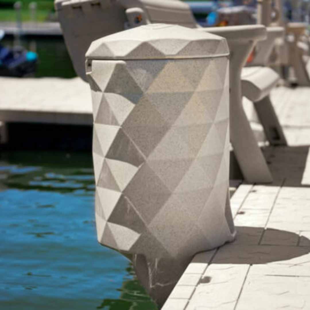 Pebble Beach Wave Dock garbage can mounted on the edge of a floating dock