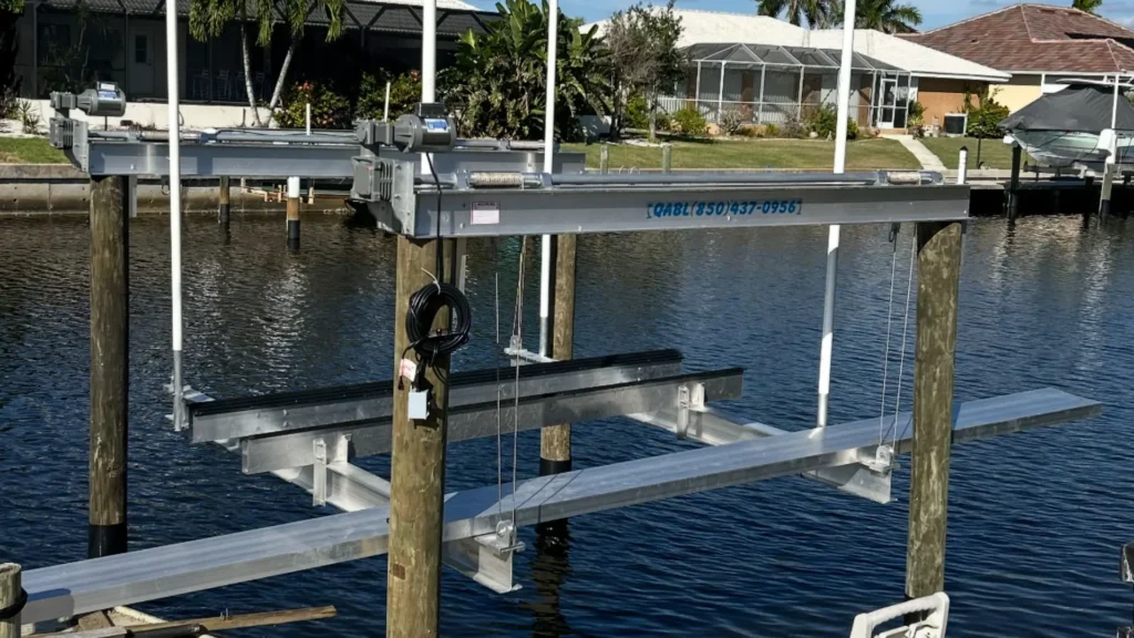 12,000 LB aluminum boat lift installed on a Florida dock by MacDuff Marine in Cape Coral.