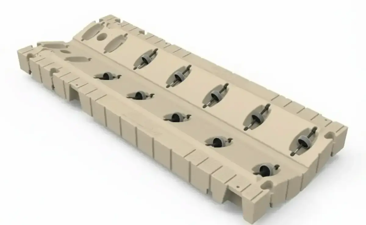 Jet Ski Dock Comparison:Top-down perspective of a durable polymer floating dock featuring dual rows of black guide rollers on a white background.