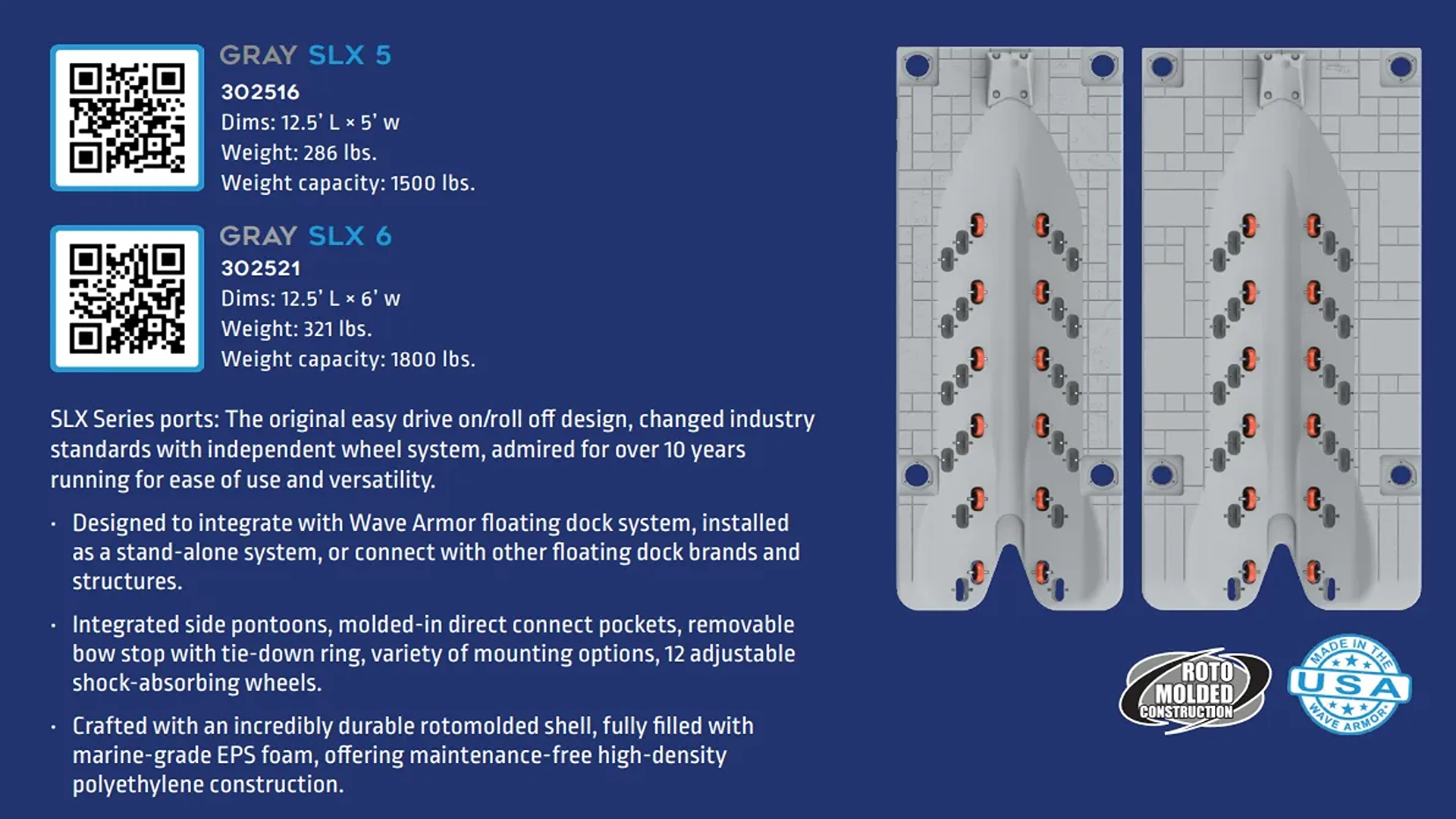 Wave Armor jet ski dock specifications comparison chart showing weight and dimensions for SLX5 and SLX6 watercraft dock protection models
