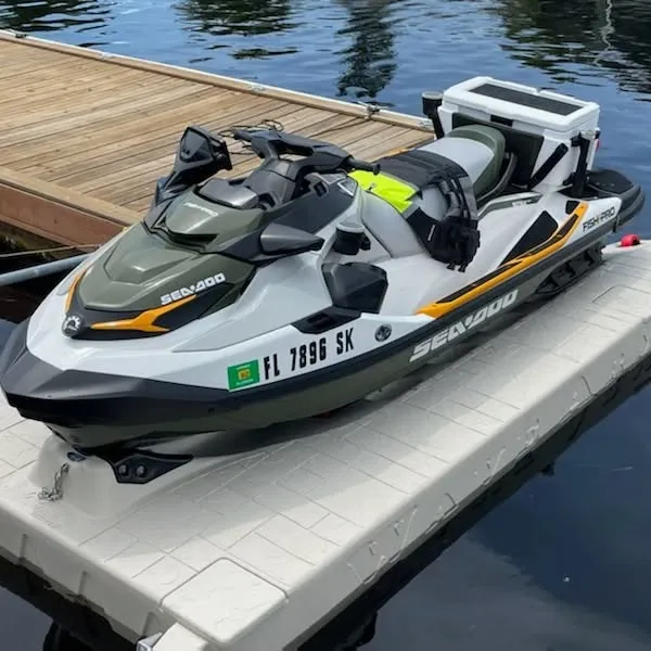 wave armor Jet Ski Dock: Sea-Doo Fish Pro Trophy personal watercraft secured on a Wave Armor EVO floating port.