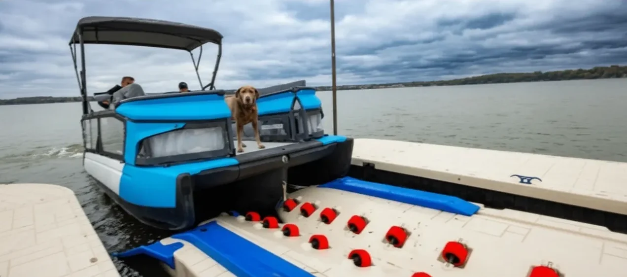Best Jet Ski Docks :A Sea-Doo Switch pontoon boat secured on a tan Wave Armor modular floating dock with vertical guide poles.