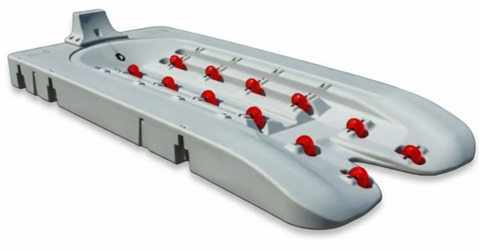 A durable grey floating jet ski dock featuring red intake rollers for easy launching and dry storage.