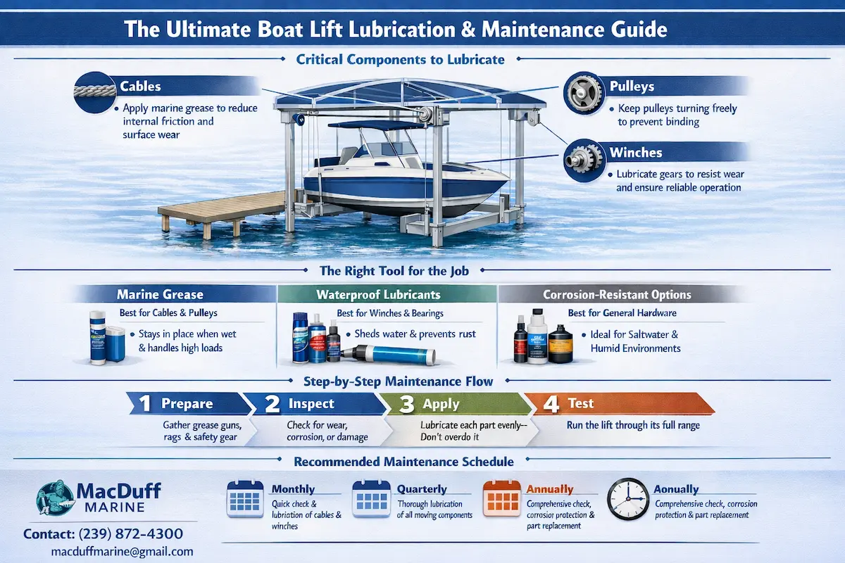Critical Components to Lubricate: A central illustration of a boat on a lift identifies three key areas: Cables (using marine grease to reduce friction), Pulleys (ensuring they turn freely), and Winches (lubricating gears for reliable operation). The Right Tool for the Job: A comparison of three lubricant types: Marine Grease (best for high loads on cables/pulleys), Waterproof Lubricants (sheds water for winches/bearings), and Corrosion-Resistant Options (ideal for general hardware in salt/humid environments). Step-by-Step Maintenance Flow: A four-step process: 1. Prepare (gathering tools/gear), 2. Inspect (checking for wear/damage), 3. Apply (lubricating evenly), and 4. Test (running the lift through its full range). Recommended Maintenance Schedule: Guidelines suggesting Monthly checks for cables/winches, Quarterly thorough lubrication of all moving parts, and Annual comprehensive checks and part replacements. The footer features the MacDuff Marine logo and contact information
