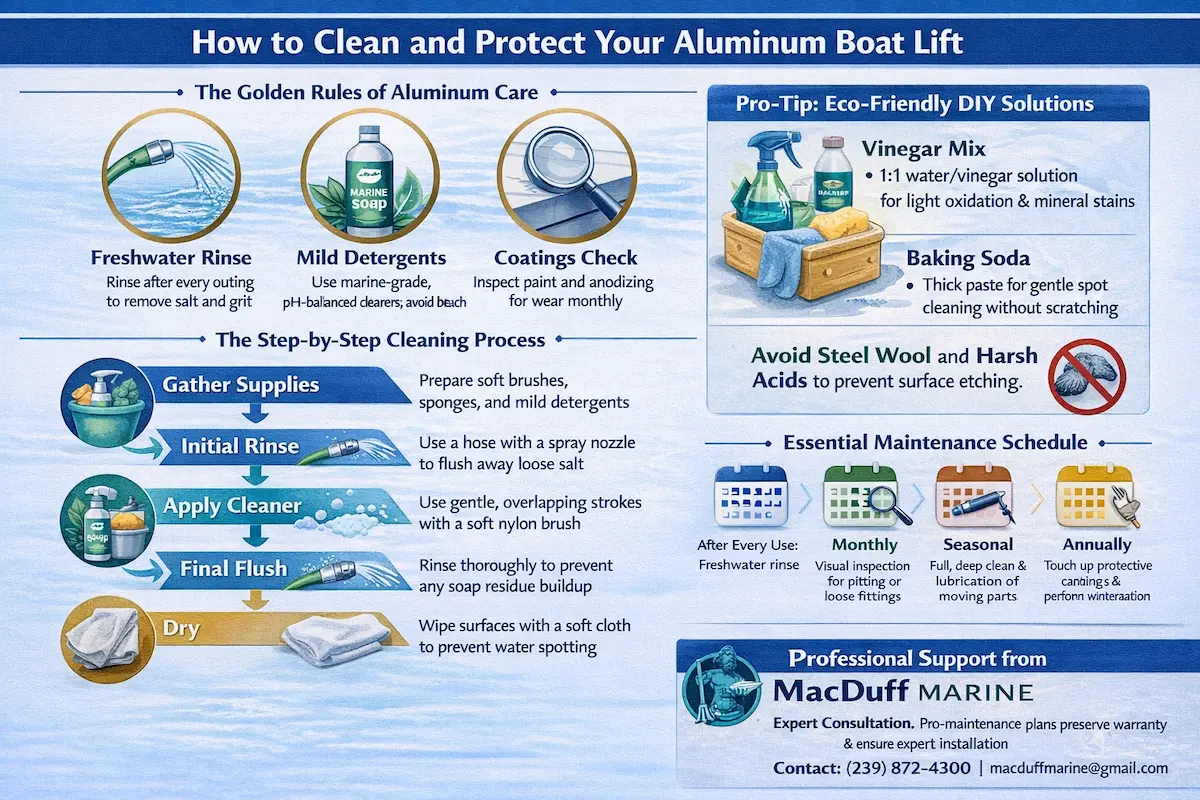 Infographic titled “How to Clean and Protect Your Aluminum Boat Lift” with sections on care, cleaning steps, eco-friendly tips, and maintenance schedule. It highlights rinsing after use, using mild detergents, inspecting coatings, a step-by-step cleaning process, DIY solutions like vinegar and baking soda, and a schedule for regular upkeep. Footer includes MacDuff Marine logo and contact info.