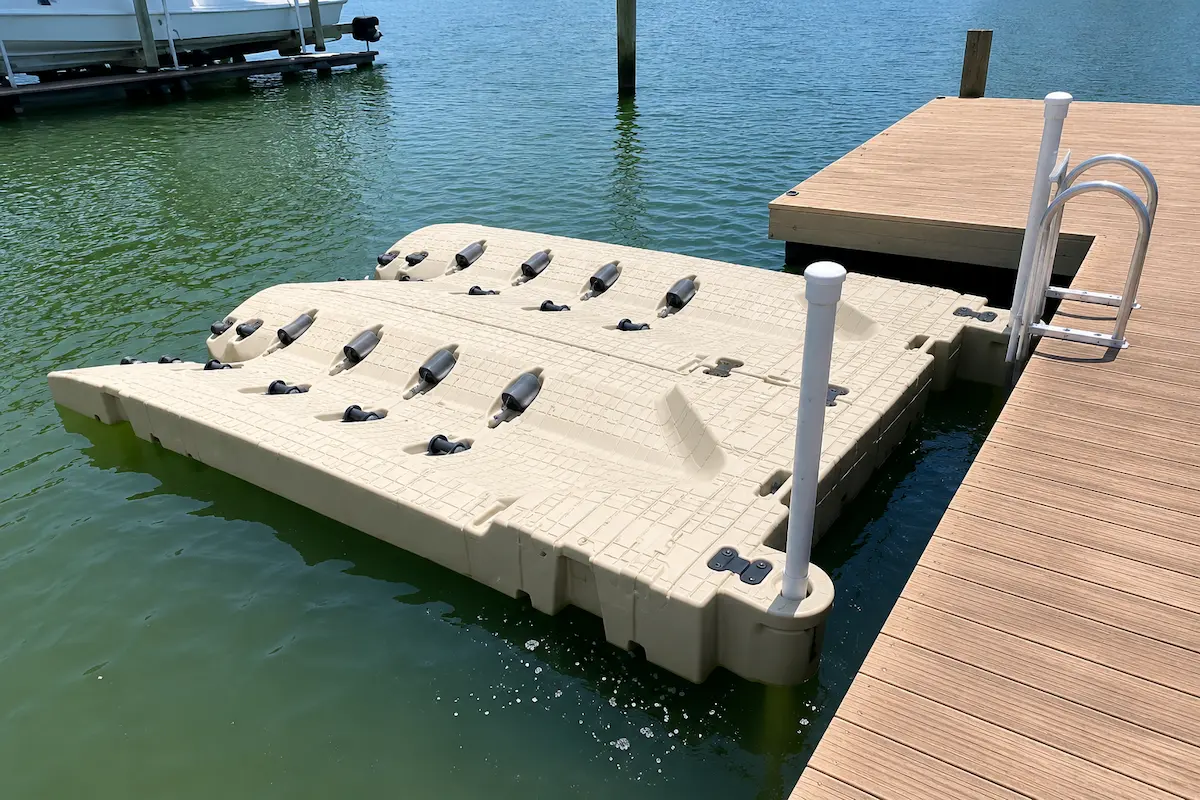 Wave Armor style floating dock system for waterfront access and personal watercraft