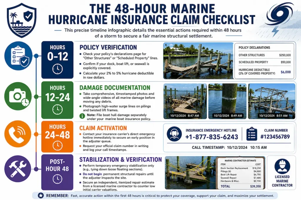 48-hour hurricane insurance claim checklist infographic outlining policy verification, damage documentation, claim activation, and marine property stabilization after a storm