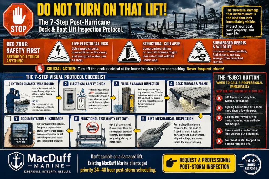 Post-hurricane dock & boat lift inspection infographic showing safety hazards, a 7-step inspection checklist, and signs that require immediate professional evaluation.