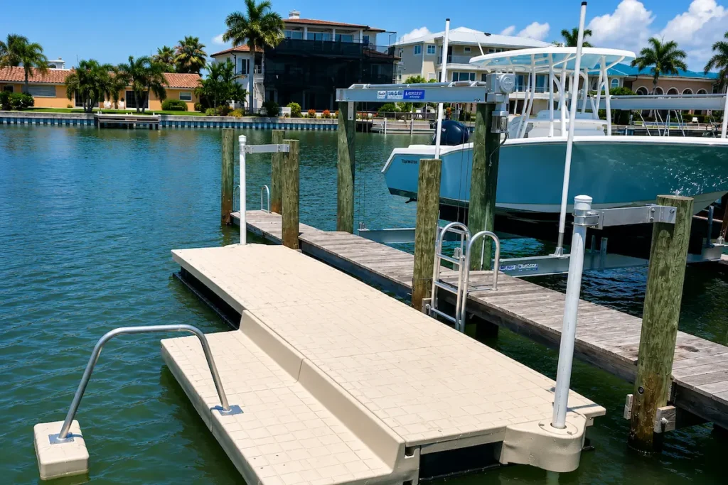 Family friendly dock with wide access platform and safety features positioned beside a residential waterfront boat lift