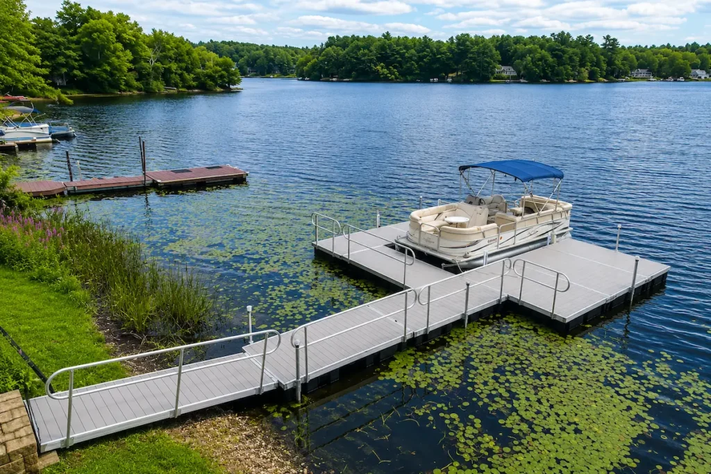 Floating dock with a pontoon boat on a lakeside waterfront illustrating a floating dock vs fixed dock comparison