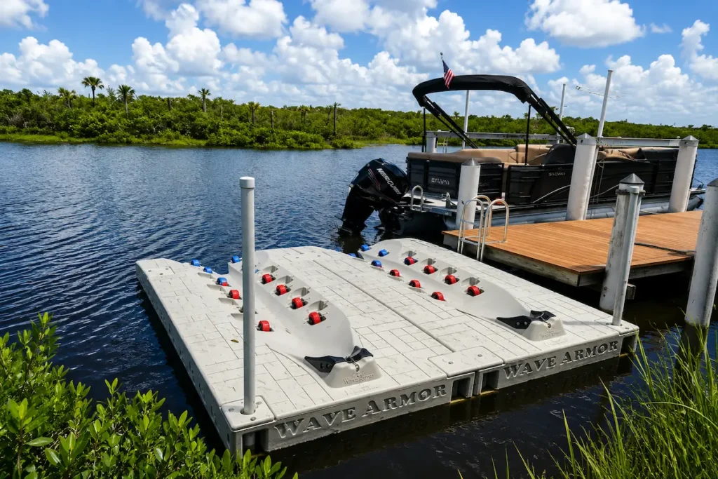 Lake dock Lakeland floating dock system installed beside a waterfront boat slip on a calm Florida lake