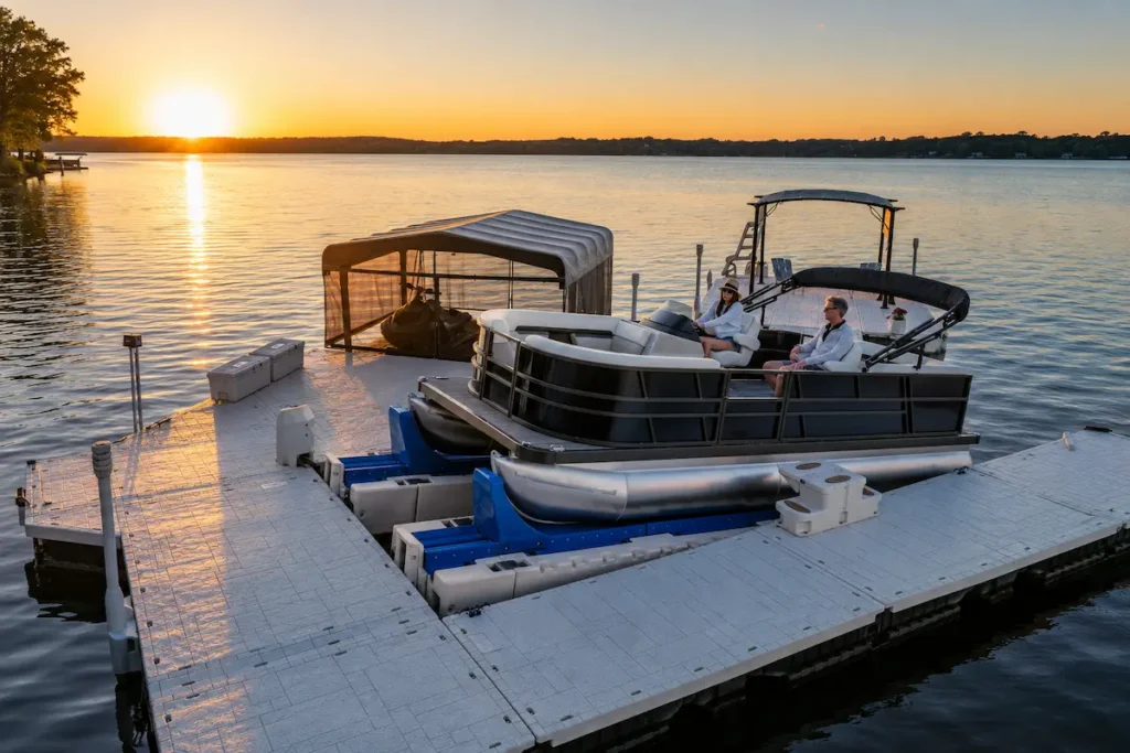Pontoon boat lift supporting a modern pontoon beside a modular floating dock and covered watercraft storage area at sunset.