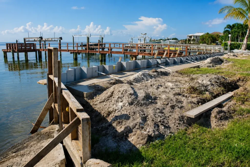 Seawall repair project along a residential waterfront with a new seawall under construction beside docks, protecting the shoreline from erosion and improving long-term coastal property stability.