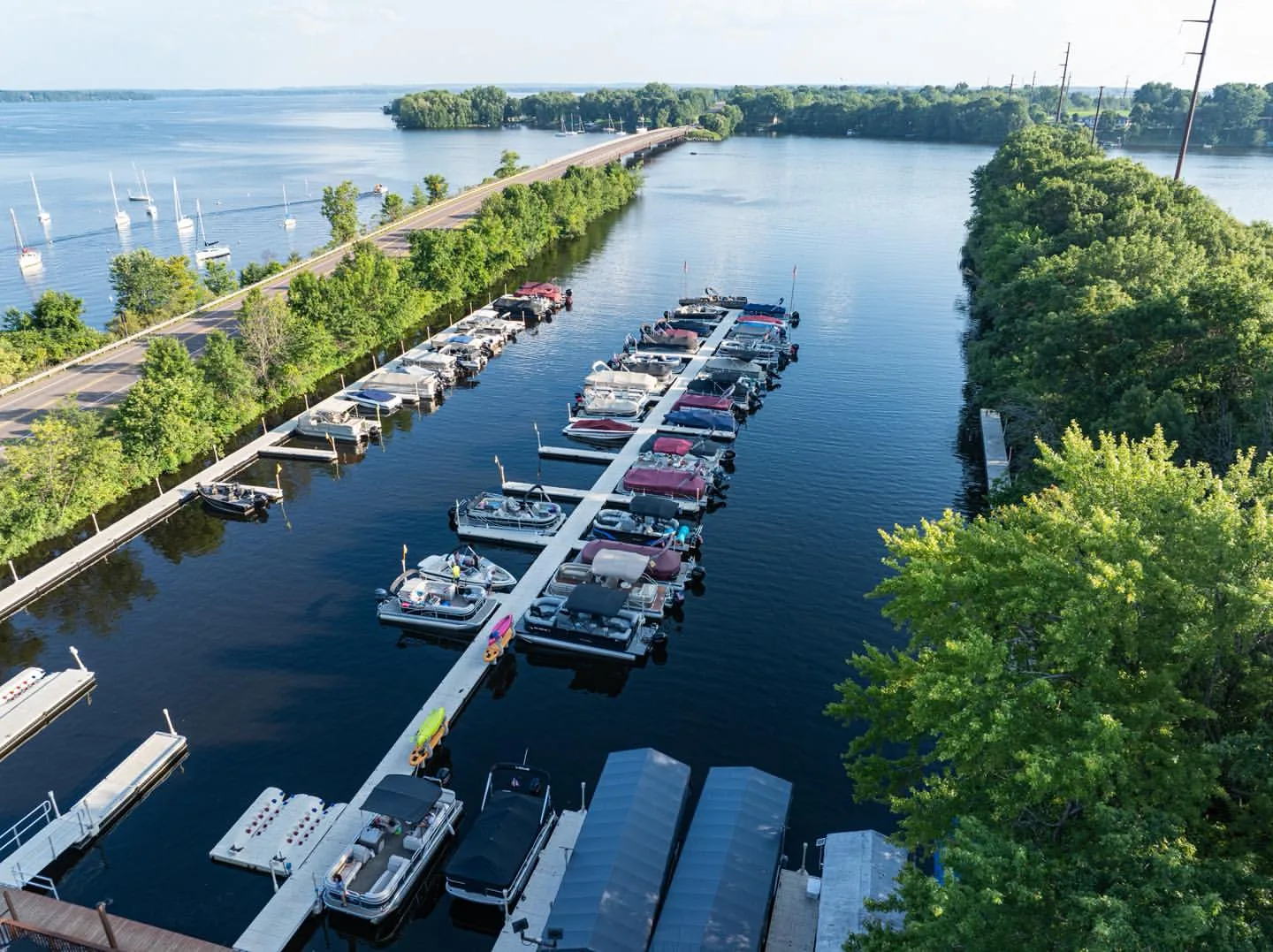 Aerial view of Wave Armor floating dock sections forming a marina walkway in Florida