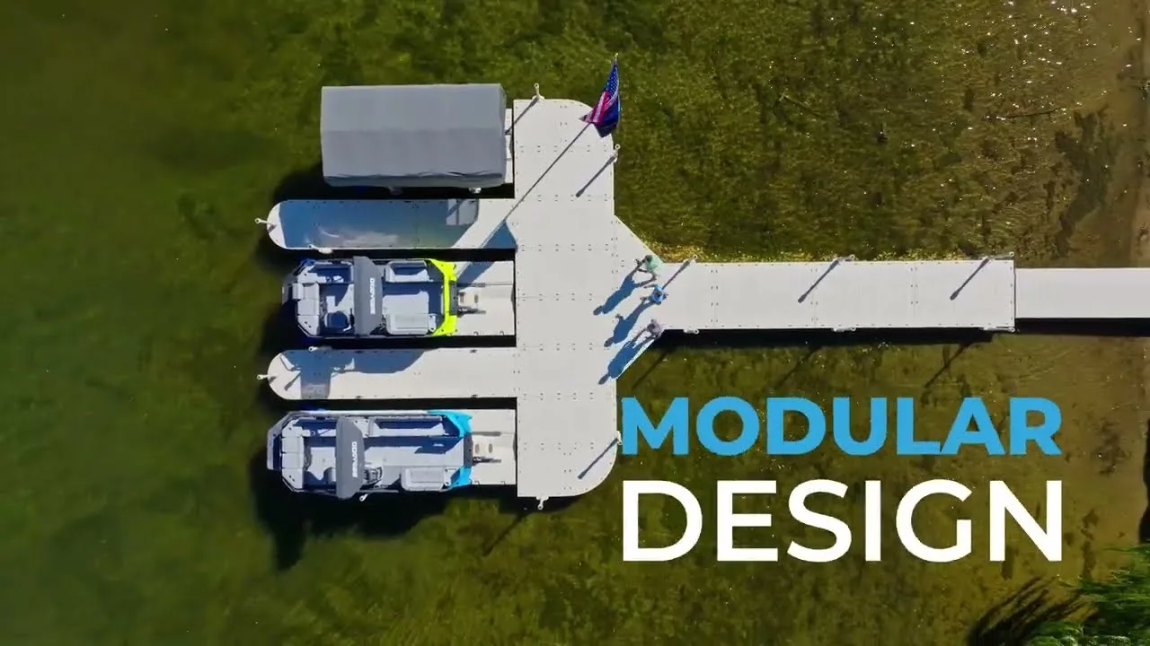 Aerial view of a modular Wave Armor floating dock