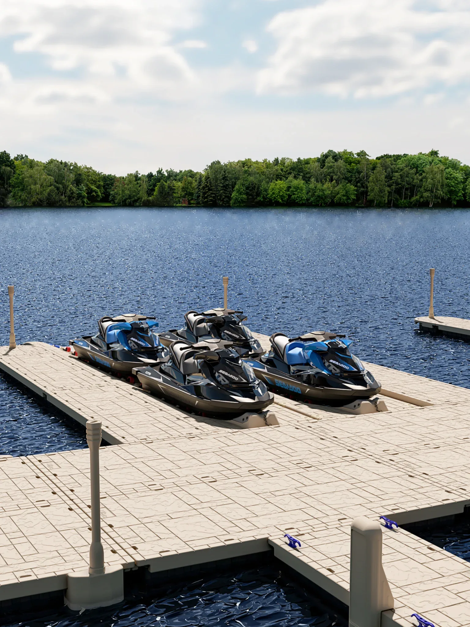 Aerial view of Wave Armor Pro Inline PWC ports holding three personal watercraft at a dock